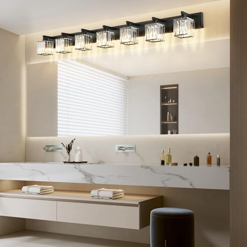 Image of Aipsun Black Vanity Light Crystal Bathroom Lighting Fixtures Modern Bathroom Vanity Light 7 Light (Exclude Bulb)