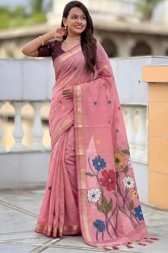 Image of SGF11 Women's Soft Cotton Linen Silk Saree With Blouse Piece