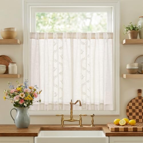 Image of jinchan White Floral Linen Kitchen Tier Curtains 36 Inch, 2 Panels