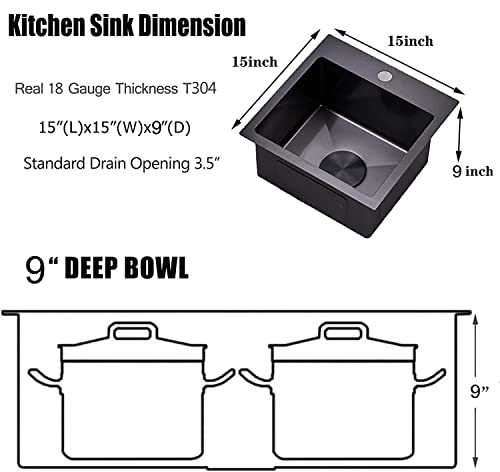 Vapsint 15X15 Modern Commercial Topmount Drop In Black Bar Sink,Single Bowl Bar Rv Kitchen Sink With Stainless Steel Grid&Strainer #TOP5