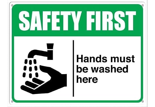 peiyeety Safety First Sign Hands Must Be Washed Here Aluminum Tin Sign for Home Coffee Bar Wall Decor 8X12 Inch