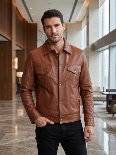 Image of Vintage Style Trucker Leather Jacket Men Real Lambskin Vintage Trucker Shirt Collar Mens Leather Jackets