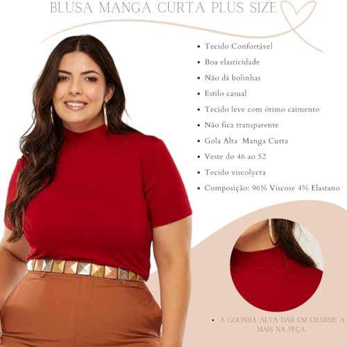 Kit 3 Blusas Femininas Malha Viscolycra Plus Size, Modelagem Justa, Manga Curta, Gola Alta (BR, Alfa