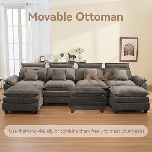 Image of 134'' Cloud Modern 4 Seater Couch with Detachable Headrest, Modular Sectional Sofa with 2 Ottomant, Oversized U Shape Chenille Comfy Sofa with Armrests for Living Room, Brown