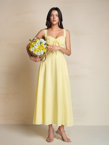 Image of KUTUMAI Floral Corset Midi Dresses for Women 2026 Lace Up Flowy Summer Wedding Guest Dress with Pockets
