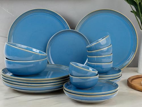 Image of Bodhi House Handcrafted Chip Resistance Porcelain Dinner Set, 20 Pieces Dish Set Serving for 6, Microwave and Dishwasher Safe, Bone-ash Free, Crockery Set for Dining and Gifting, Mid Blue