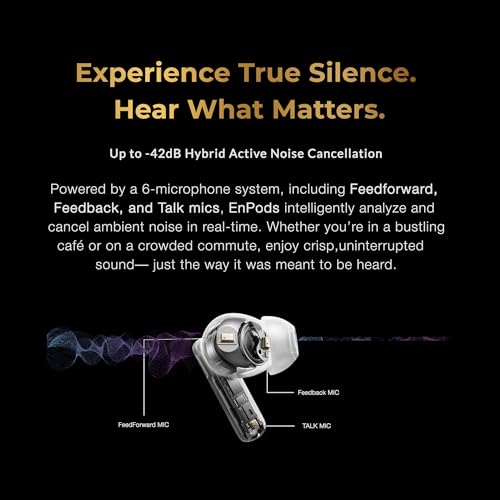 Image of Enfuse EnPods TWS Earphones with Dual Device Pairing, Ear Detect (auto Play /Pause), ~42dB ANC, ENC, Transparency Modes, 50 mAh, Super Extra Bass, IPX4, Touch, 400 mAh Wireless Charging Case, Earbuds