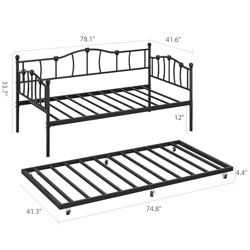 Image of GarveeHome Twin Daybed with Trundle, Metal Sofa Bed Frame with Steel Slat Support, Twin Size Space-Saving Furniture for Living Room, Bedroom, Love Heart Design, No Box Spring Needed, Black | With Steel Slat Support, Twin Size Space-Saving Furniture for Living Room, Bedroom, Love Heart Design, No Box Spring Needed