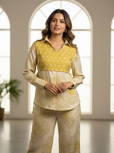 Image of Leriya Fashion Co Ord Set for Women Stylish | 3 Piece Kurti Set for Women | Dress for Woman | Printed Co-Ord Set with Collar Neck | Kurta Sets for Woman | Summer Full Sleeve Top Pant Outfits