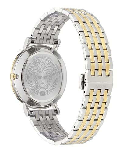 Versace Greca Slim Collection Luxury Mens Watch Timepieces with a Two Tone Bracelet and Case Featuring a Blue Dial3
