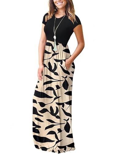 Image of AUSELILY Women's Summer Short Sleeve Loose Plain Casual Long Maxi Dresses | Year Round wear solid floral print, Casual wear, Empire waist, Floor length, Side pockets