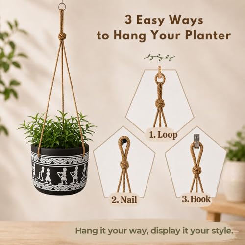 Image of Urban Upvan Tribal Art Design Printed Black Hangingpot with Rope - Premium Decorative Planter for Indoor & Outdoor Plants, Modern Elegant Flower Pot for Home, Garden & Office