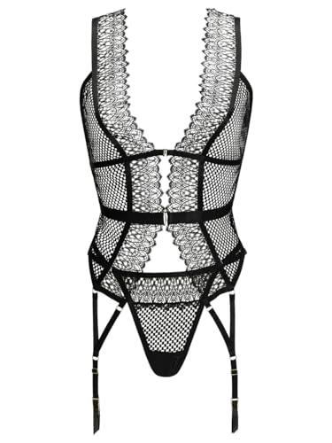 Ann Summers Hailey Cami Suspender – Basque Lingerie for Women with Matching String, Suspenders & Open Strappy Back Black
