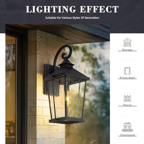 Image of zeyu 22 Inch Outdoor Lights for House, 1-Light Outdoor Wall Sconce for House Porch, Die-Cast Aluminum with Seeded Glass, Black Finish, ZW105B-M BK