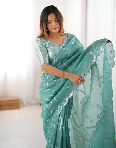 Image of SIRIL Women's Tissue Silk Sequence Embroidery Saree With Unstitched Blouse Piece
