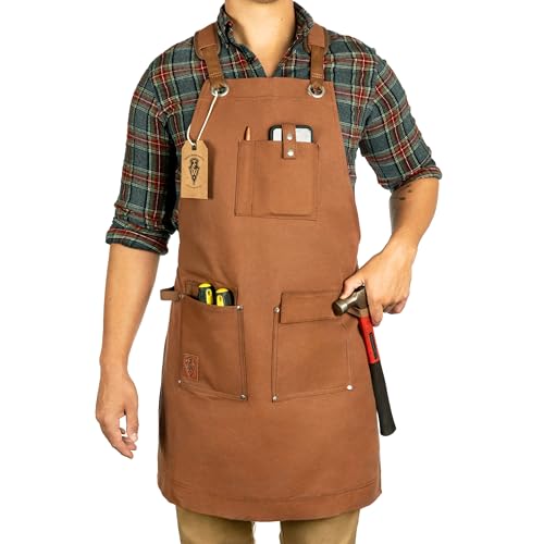 Waxed Canvas Work Apron for Men with Pockets - Heavy Duty Woodworking Shop...