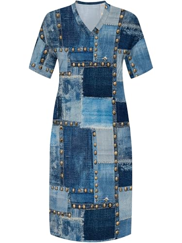 Image of SUZONANA Plus Size Denim Print Maxi Dresses for Women Casual V Neck Short Sleeve with Pockets Soft Jean Look Dress XL-6XL
