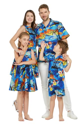 Image of Hawaii Hangover Family Matching Hawaiian Clothes, Sunset Blue | Family matching Hawaiian outfits, Sunset Blue, 100% cotton, machine washable, tropical floral print, luaus, cruises