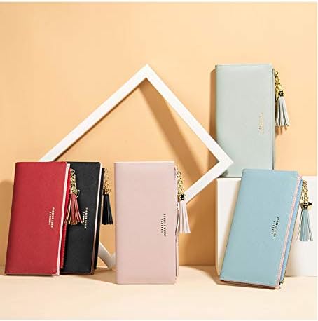 Miniatura 6 de Cartera de cuero para mujer, organizador de tarjetas de crédito, con cremallera bonita, grande, larga, monedero, negro (C-BLACK), Carteras largas