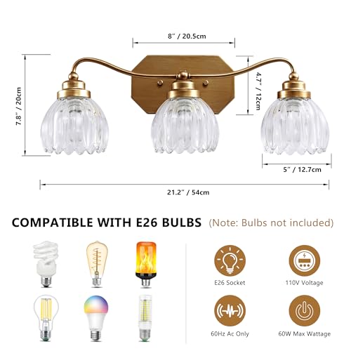 Image of Vintage Bathroom Light Fixtures, Gold Bathroom Vanity Light, Matte Antique Brass Finish with Crystal Glass Shade, Wall Sconces Lighting for Bedroom, Living Room, Hallway (Gold, 3-Light)