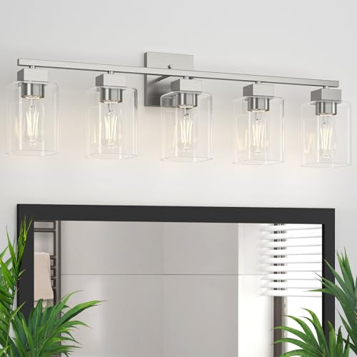 Image of 5 Light Bathroom Vanity Light - Brush Nickel Bathroom Light Fixtures Square Design & UL Certification, 31 Inch Long Light Fixtures Over Mirror for Bedroom & Restroom