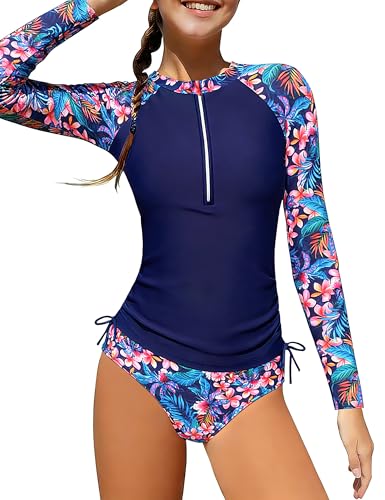 Image of Girls Rash Guard Swimsuits 2 Piece Half-Zip Long Sleeve Color Block Bathing Suits with Ruched Side Swimwear for 7-16Y