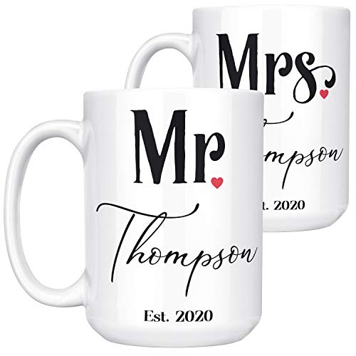 Set of 2 - Mr & Mrs Coffee Mugs w Name, Personalized Mugs for Couples - 15 Oz - Ceramic Coffee Cups, Custom Wife Husband Mugs, Unique Gift for Him Her for Anniversary - Wedding Gifts, #2