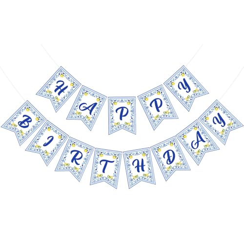 Image of Hooqict Happy Birthday Banner Lemon Birthday Decorations Garland Sign for Summer Fruit Blue Yellow Lemon Themed Party Hanging Decorations Supplies