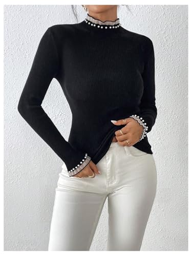 WDIRARA Women's Pearls Mock Neck Frill Trim Long Sleeve Pullover Knitted Fit Top4