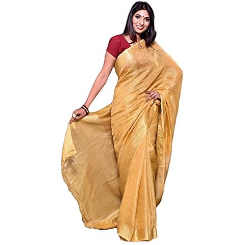 Ethnic Indian Women's Bhagalpuri Handloom Beautiful Linen Tissue Saree with Running Blouse (Golden) Cover