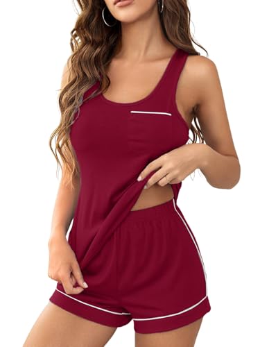 Rayson Conjunto de Pijama Mujer Verano Corto Elegante Sin Mangas Top y Pantalón Corto Simple Ropa de Dormir 2 Piezas(Rojo,M)
