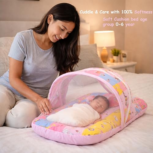 Image of Fareto Combo of Baby Bed with Net | Carry Bag | 4 Pcs Bedding Set (0-6 Months, Baby Size, Cotton) (Pink Giffi)