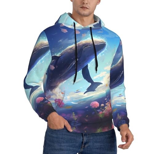 WZYCWB Sudadera con capucha para hombre con estampado de ballenas nadando bajo el mar, holgada, con bolsillos con cordón., Negro, XX-Large