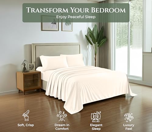 Image of ROYALE LINENS 100% Organic Cotton King Sheet Set - 16 inch Deep Pocket Bed Sheets - Eco Friendly Cream Bed Sheets - Sabanas King - 1 Flat, 1 Fitted & 2 Pillowcases - Cream Sheet Set - Cotton Bedding Sets