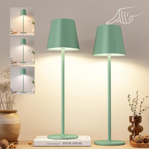 Image of Kakanuo Green Cordless Table Lamps, Rechargeable Lamp, Battery Operated Lamps, Touch Control Table Lamps, 3 Color Temperature, Stepless Dimmable, LED Portable Wireless Battery Lamp, Set of 2