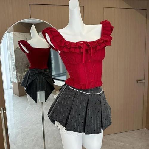Sweet Bow Lace Stitching Women A Line Pleated Skirts Y2K High Waist Streetwear All Match Ladies Mini Skirt3