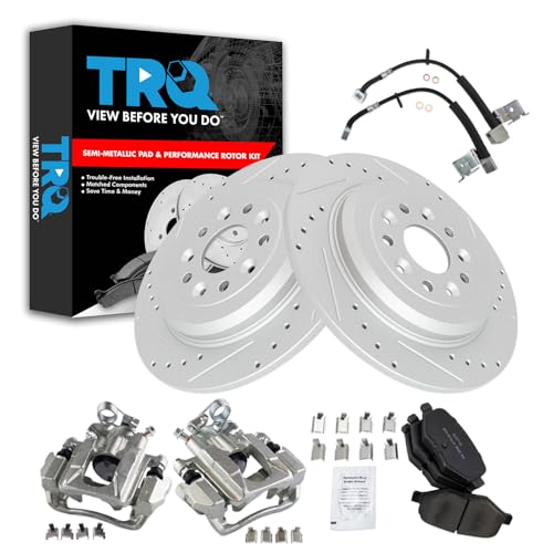 Image of TRQ Performance Rear Brake Pad and Rotor Set Semi Metallic Slotted Drilled Calipers Hoses Compatible with 2011 Ford Explorer