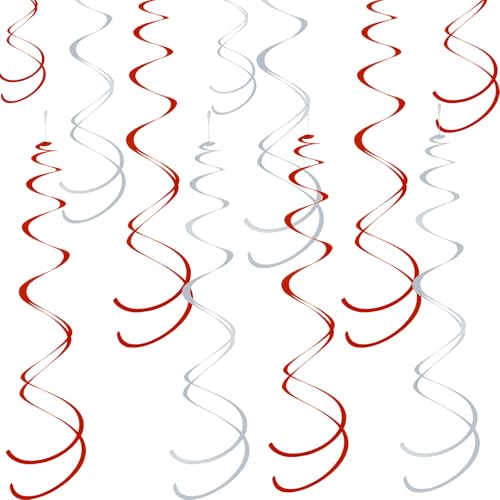 Image of Colorful Ceiling Swirl Foil Decorations Hanging Plastic Streamer Themed Swirl Party for Christmas Graduation Celebration, Pack of 28 (Red and Sliver)
