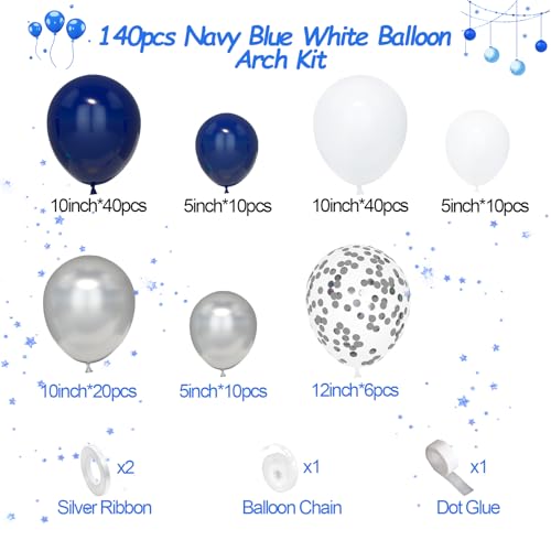 Navy Blue Balloon Arch Kit, 140 Pcs Night Blue Silver White Latex Balloon Garland Set with Metallic Silver Confetti Balloons for Men Women Birthday Graduation Christening Anniversary Party Decoration