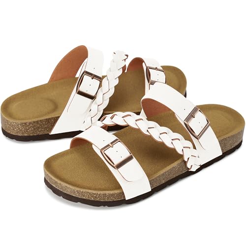 Image of HARENCE Flat Sandals for Women 2026 Comfort Cork Footbed with Adjustable Buckle Summer Slides for Women for Vacation Walking