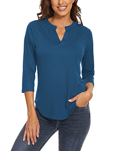 Womens Tops 3/4 Sleeve V Neck Shirt Casual Tunic T-Shirts Dressy Work Blouse Dark Blue L #TOP13