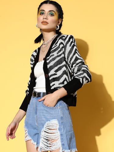 Image of Sassafras Women Animal Print Front Open Wool Cardigan