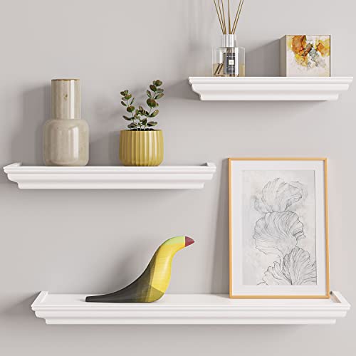 Image of Ballucci Set of 3 Crown Molding Style Floating Wall Shelves, Wooden Ledges for Living Room, Bedroom, Bathroom, Kitchen, Office; 24, 16, 12" - White
