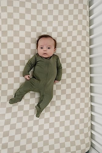 Image of Taupe Checkered Muslin Crib Sheet by Mebie Baby, Soft and Breathable Bed Sheets for Babies, Modern Neutral Bedding for Cribs, Standard Crib Mattress Fitted Sheet, Great for Boy or Girl Room or Nursery