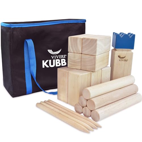 Image of Vivere Kubb Yard Game Set Tournament Quality, Viking Chess Outdoor Clash Toss Yard Game with Carrying Case - Premium Rubber Wood with Corner Stakes