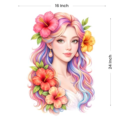 Image of Rangoli Girl Face Floral Wall Sticker 16 x 24 Inch Colorful Hair & Flower Design Self Adhesive Wall Decor for Living Room Bedroom Salon Beauty Parlour Wall Art