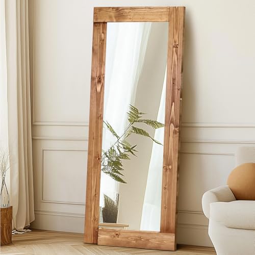 Image of 58x24in Full Length Mirror, Solid Wood Convex Frame, Light Brown