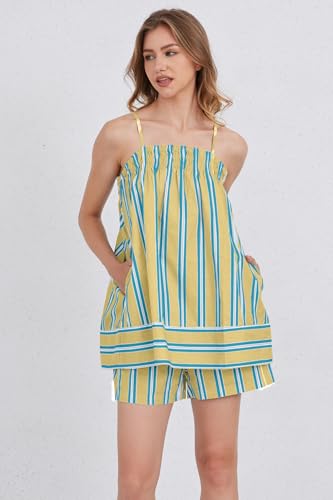 Image of calbatic Women 2 Piece Lounge Set Striped Summer Pajama Set Sleeveless Peplum Cami Top and Wide Leg Shorts Set Beachwear