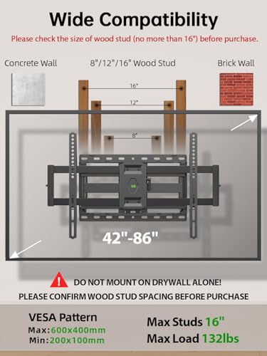 USX-Mount-Full-Motion-TV-Wall-Mount-for-Most-42-86-inch-Flat-ScreenLED4K-TV-Mount-Bracket-Dual-Swivel-Articulating-Tilt-6-Arms-Fits-8-12-16-Wood-StudsMax-VESA-600x400mm-Holds-up-to-132lbs USX Mount Full Motion TV Wall Mount for Most 42-86 inch Flat Screen/LED/4K, TV Mount Bracket Dual Swivel Articulating Tilt 6 Arms, Fits 8” 12” 16" Wood Studs,Max VESA 600x400mm, Holds up to 132lbs - Image 3