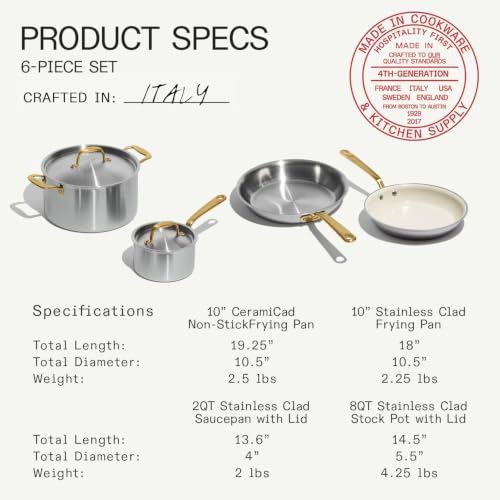 Image of Made In Cookware - 6 Pc Stainless Steel Cookware Set (Antique Brass Handle) - 5 ply Clad - Includes Frying Pans, Saucepan, and Stock Pot - Professional Grade - Crafted in Italy - Induction Compatible